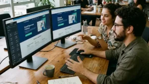 Profissional de marketing e UX criando landing page com inteligência artificial e visualizando wireframes em monitor duplo.