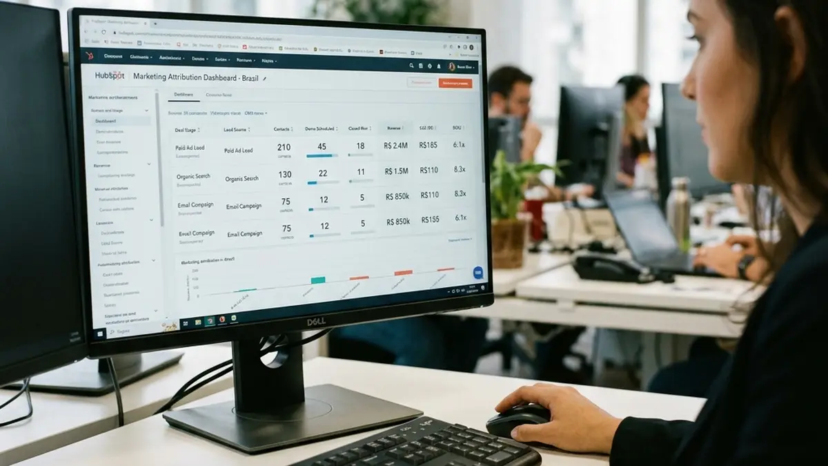 Detalhe em close-up de tela de computador com interface de CRM mostrando atribuição de leads de anúncios e receita gerada por canal.