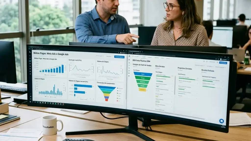Monitor ultra-wide exibindo painel integrado com métricas de anúncios de mídia paga e colunas do funil de vendas de CRM em escritório real.