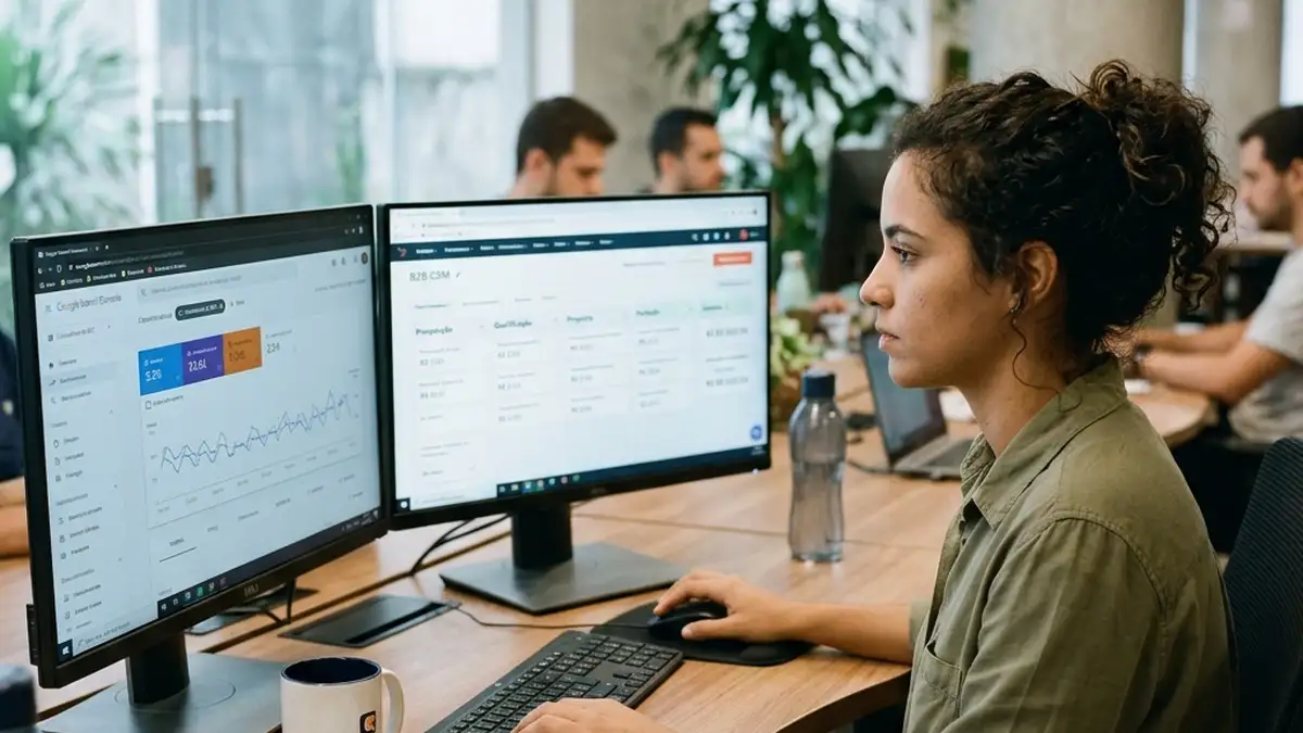 Especialista em SEO cruzando dados de busca de marca no Google Search Console com funil de vendas e receita no CRM em estação de trabalho.