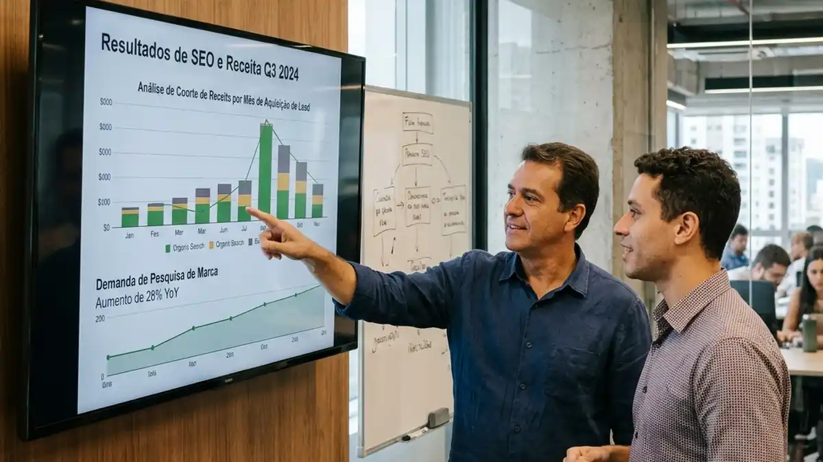 Estrategista de SEO e diretor comercial analisando relatório de impacto da busca orgânica no faturamento e no pipeline de vendas B2B em sala de reuniões.