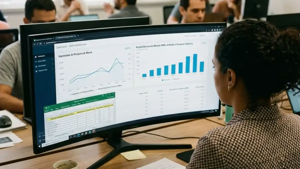 Gestor de marketing B2B analisando dashboard de SEO com métricas de faturamento e busca por marca em monitor ultrawide, substituindo o monitoramento tradicional de palavras-chave.