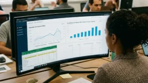 Gestor de marketing B2B analisando dashboard de SEO com métricas de faturamento e busca por marca em monitor ultrawide, substituindo o monitoramento tradicional de palavras-chave.