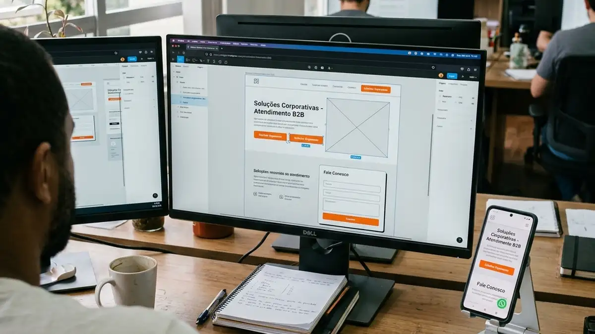 Web designer ajustando layout de landing page responsiva e formulário de contato otimizado para conversão no computador e celular.