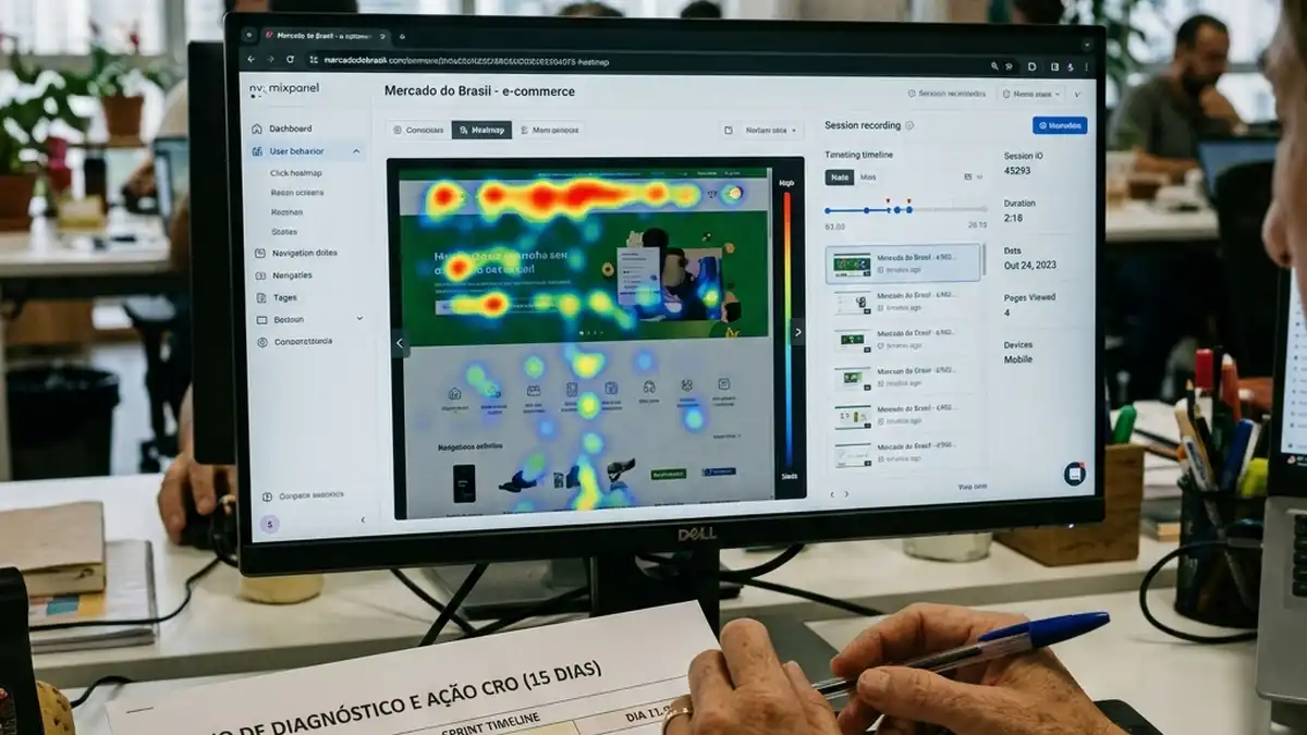 Tela de computador exibindo mapa de calor e funil de conversão indicando onde os usuários abandonam o site antes de solicitar orçamento.