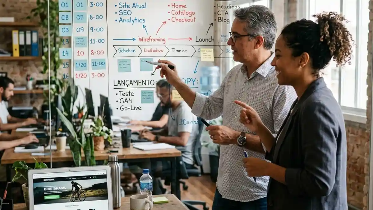 Consultora de marketing digital e gestor de empresa planejando o cronograma de 15 dias de reformulação do site em quadro de vidro.