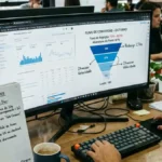 Mesa de trabalho com monitor exibindo auditoria de conversão de site empresarial e caderno com plano de ação de 15 dias.
