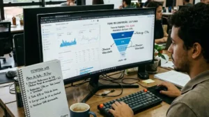 Mesa de trabalho com monitor exibindo auditoria de conversão de site empresarial e caderno com plano de ação de 15 dias.