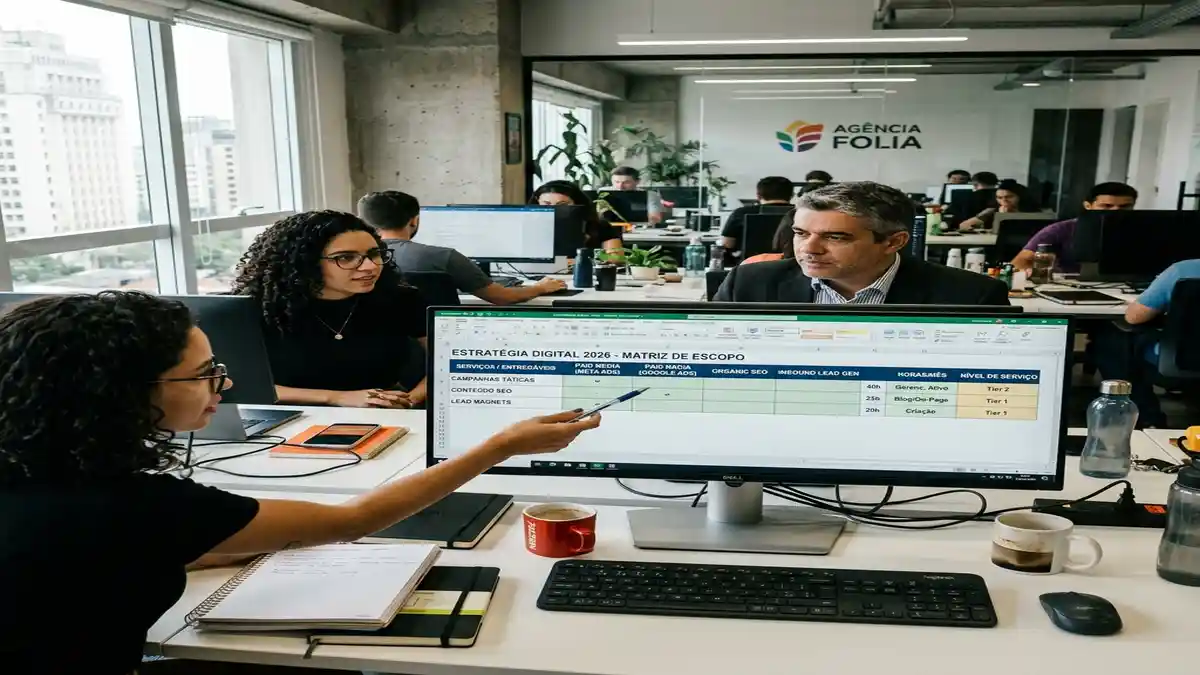 Estrategista de marketing digital apresentando matriz de escopos de serviços e horas dedicadas em monitor widescreen para cliente corporativo.