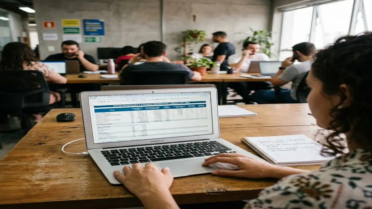 Tela de notebook em close-up com planilha de precificação, modelos de retainer mensal e divisão de verba para contratação de agência de marketing digital.