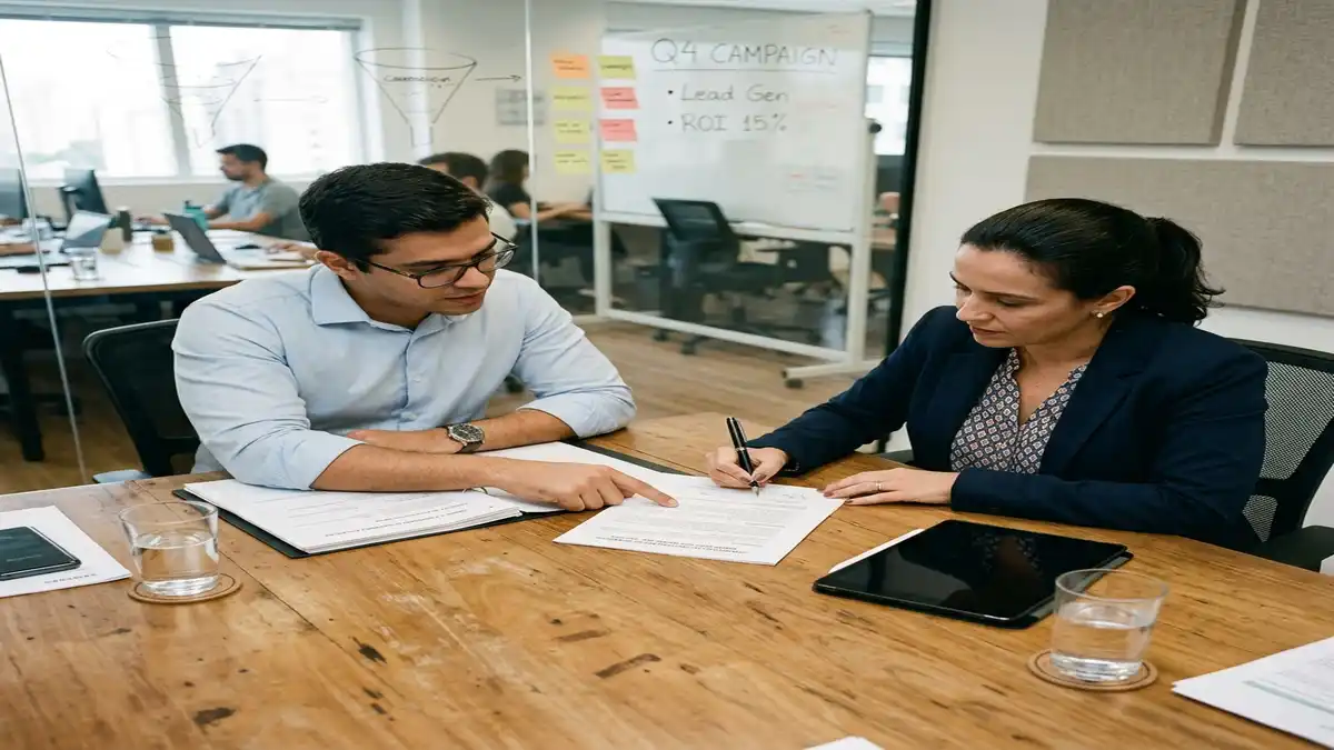 Empresário e diretora de agência revisando e assinando contrato de prestação de serviços com resumo de escopo e acordos de nível de serviço.