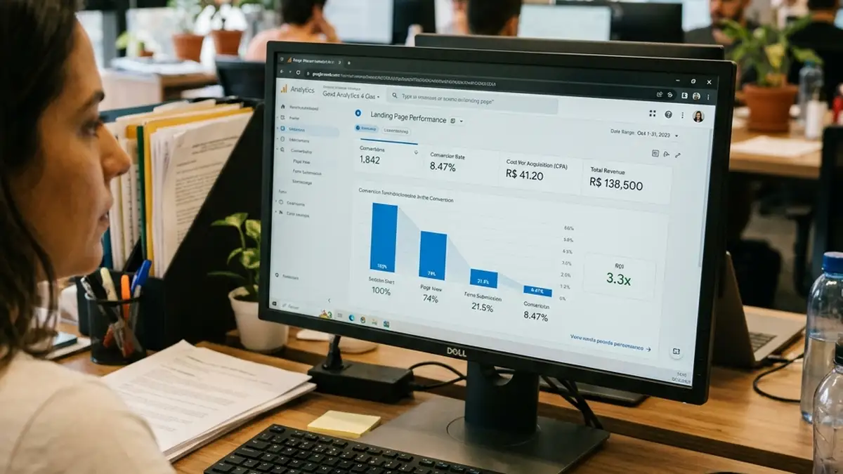 Monitor exibindo relatório do Google Analytics com métricas de retorno sobre investimento (ROI), taxa de conversão e custo por lead de uma landing page.