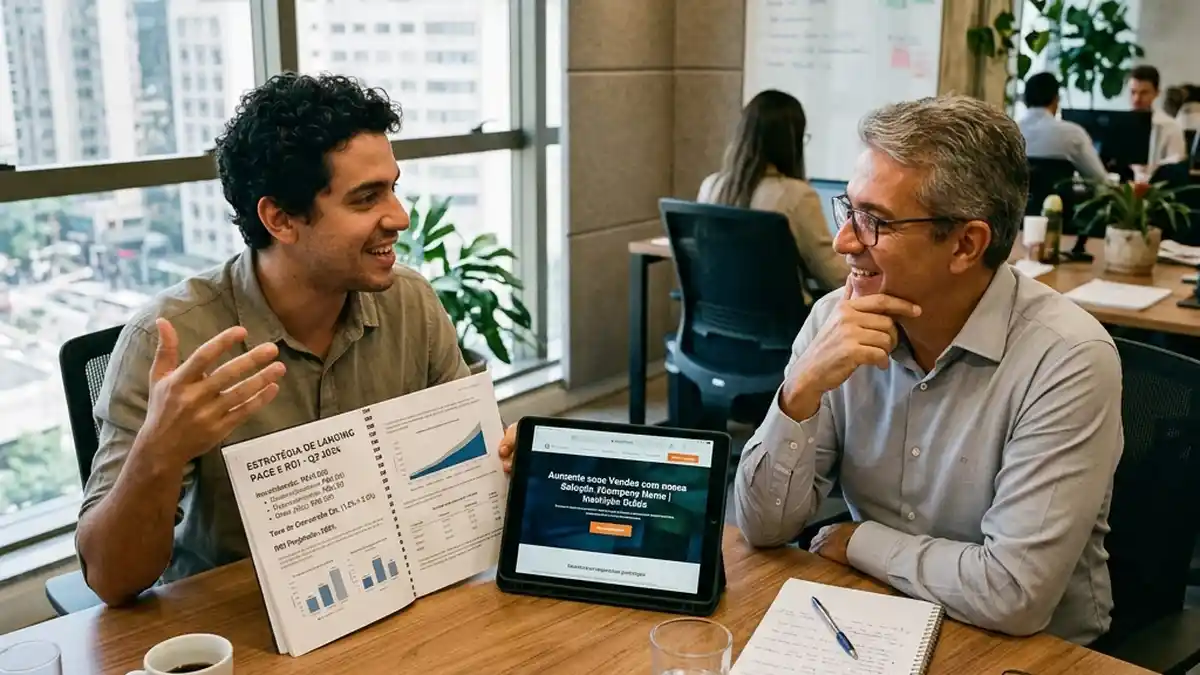 Consultor de marketing apresentando proposta de orçamento e projeção de retorno financeiro de landing page para empresário em sala de reunião.