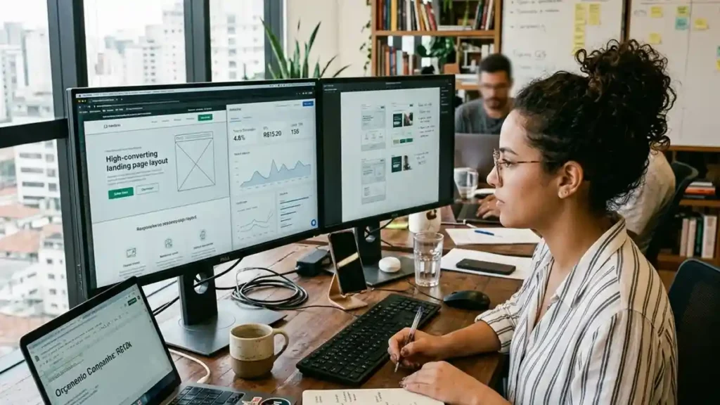 Estrategista de marketing e designer de UI analisando layout responsivo e métricas de conversão de landing page em monitor duplo.