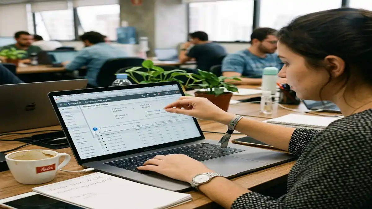 Gestor de tráfego pago configurando orçamento diário e estratégias de lance por CPA no Google Ads em um laptop.