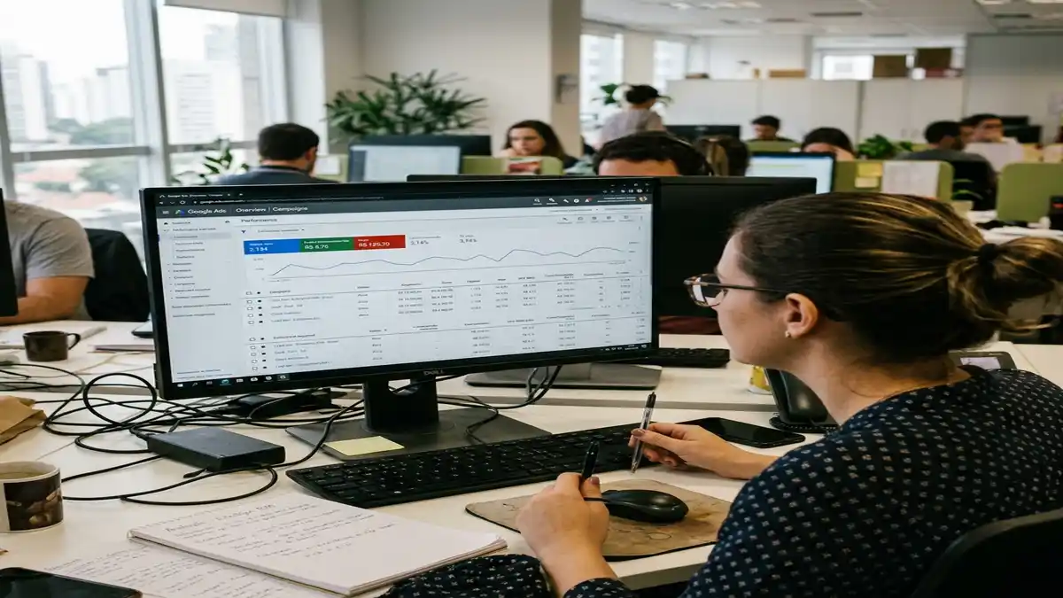 Close detalhado da tela do Google Ads exibindo métricas de custo por clique, custo por lead B2B e orçamento consumido.