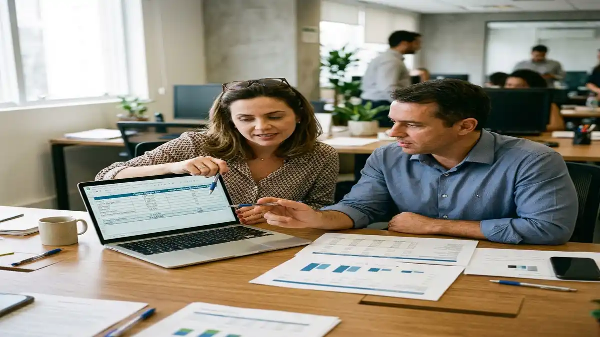 Diretora de marketing e gestor financeiro analisando relatório de retorno sobre investimento (ROAS) de campanhas do Google Ads.