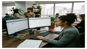 Estrategista de mídia de performance B2B analisando painel do Google Ads com gráficos de orçamento mensal e métricas de conversão.