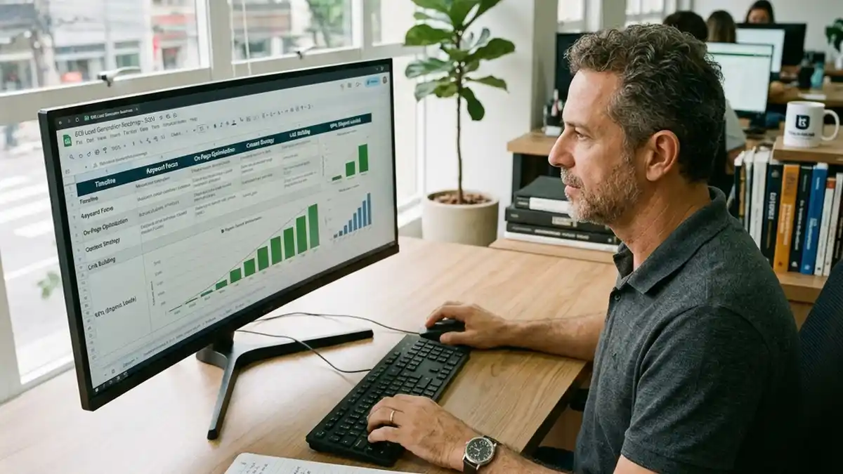Especialista em SEO analisando relatório de evolução e linha do tempo de ranqueamento orgânico e conversão em leads B2B em monitor widescreen.