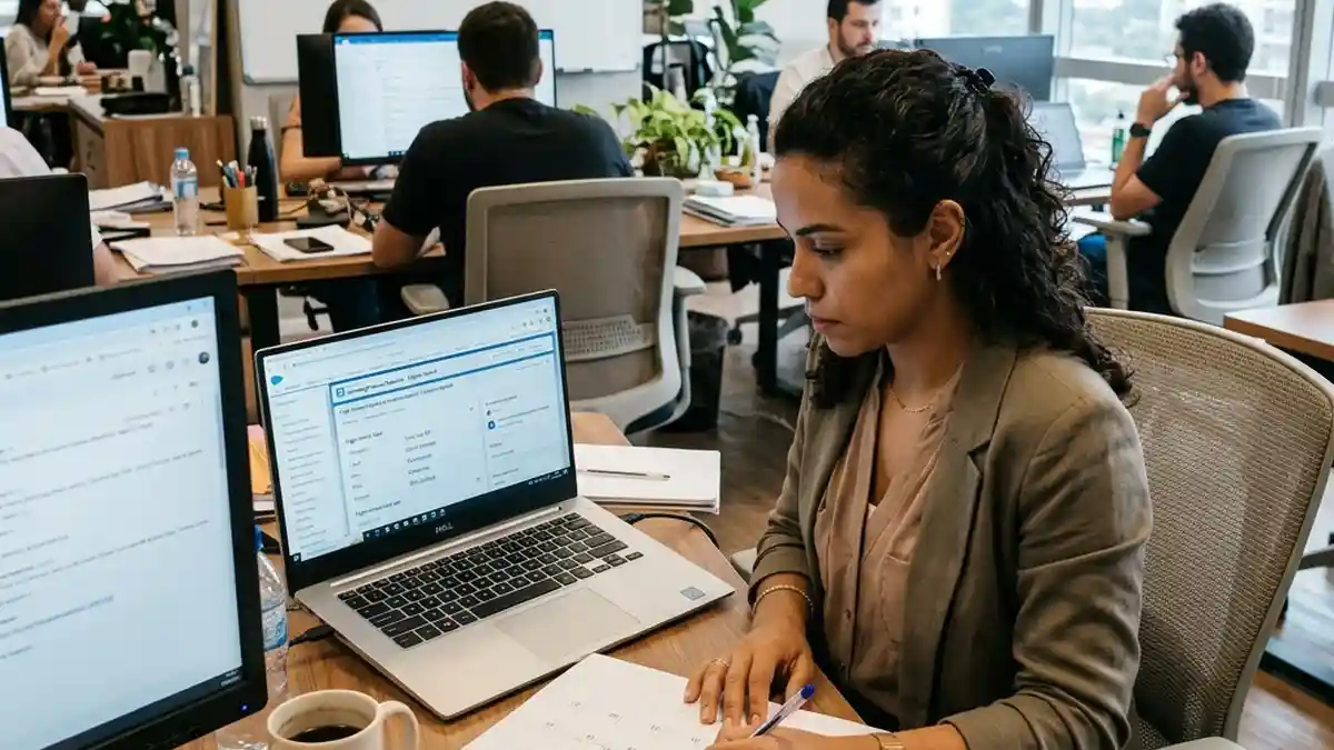 Executivo de vendas B2B conferindo solicitação comercial de orçamento recebida via busca orgânica do Google em estação de trabalho moderna.
