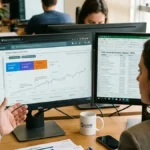 Profissionais de marketing e vendas B2B analisando tela de monitor com gráfico de maturação de SEO e volume de leads comerciais orgânicos ao longo dos meses.