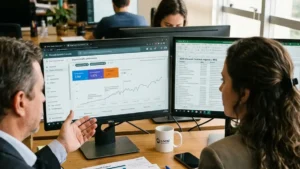 Profissionais de marketing e vendas B2B analisando tela de monitor com gráfico de maturação de SEO e volume de leads comerciais orgânicos ao longo dos meses.