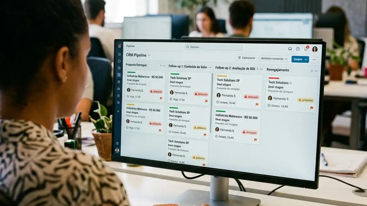 Tela de CRM com funil de vendas em colunas kanban detalhando etapas da régua de follow-up, status de propostas enviadas e lembretes de contato.