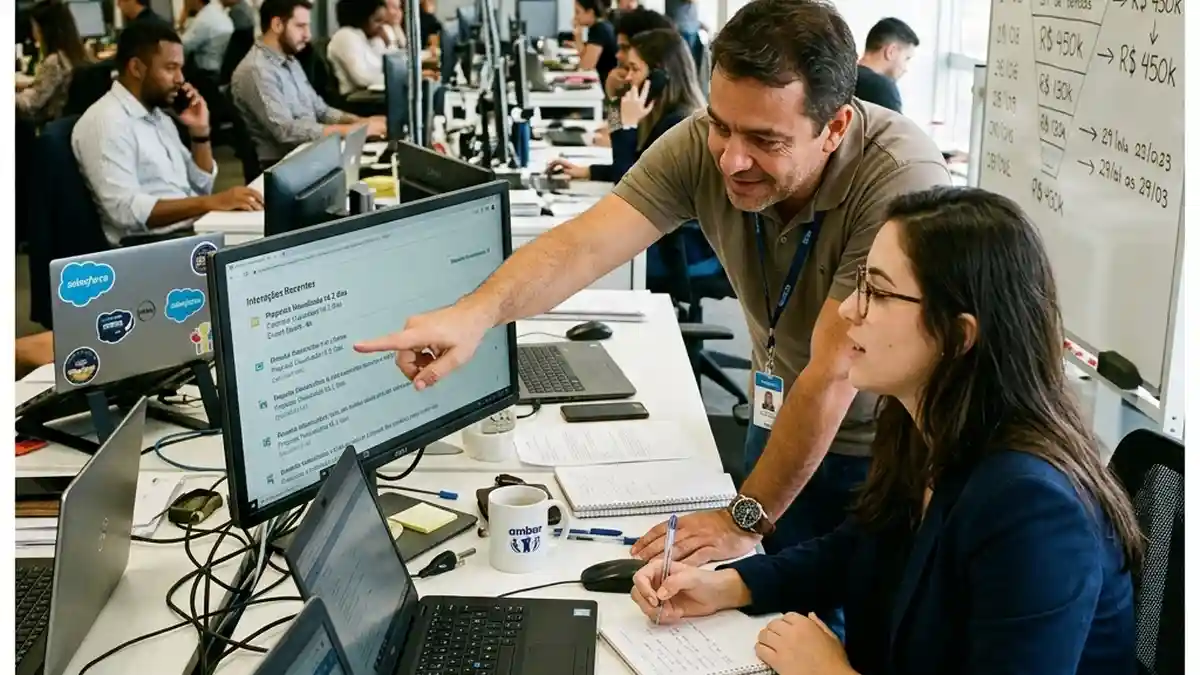 Dupla de gestores e executivos comerciais alinhando estratégia de reengajamento de propostas paradas com base no histórico de interações do cliente.