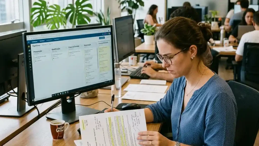 Profissional de vendas B2B analisando régua de follow-up e propostas comerciais paradas no CRM em uma estação de trabalho iluminada por luz natural.