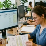 Profissional de vendas B2B analisando régua de follow-up e propostas comerciais paradas no CRM em uma estação de trabalho iluminada por luz natural.