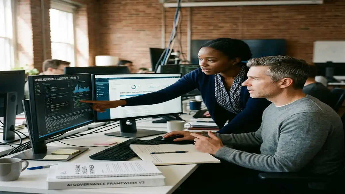 Especialistas em segurança e governança de inteligência artificial analisando protocolos de mitigação de riscos e auditoria de modelos em estação de trabalho.