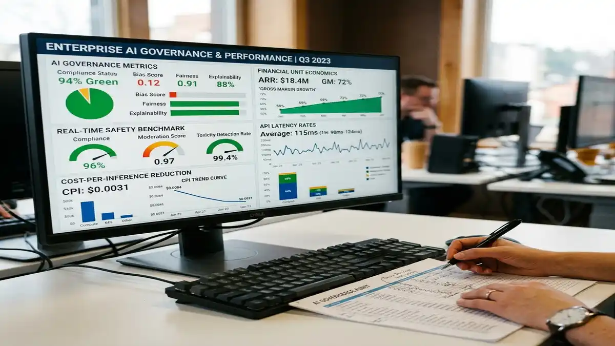 Detalhe em primeiro plano de monitor com dashboard de governança de IA, exibindo métricas de segurança de algoritmos e eficiência de custos operacionais.