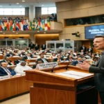 Foto documental editorial de fórum internacional de governança de IA com líder de tecnologia discursando sobre segurança e regulamentação em púlpito oficial.
