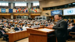 Foto documental editorial de fórum internacional de governança de IA com líder de tecnologia discursando sobre segurança e regulamentação em púlpito oficial.