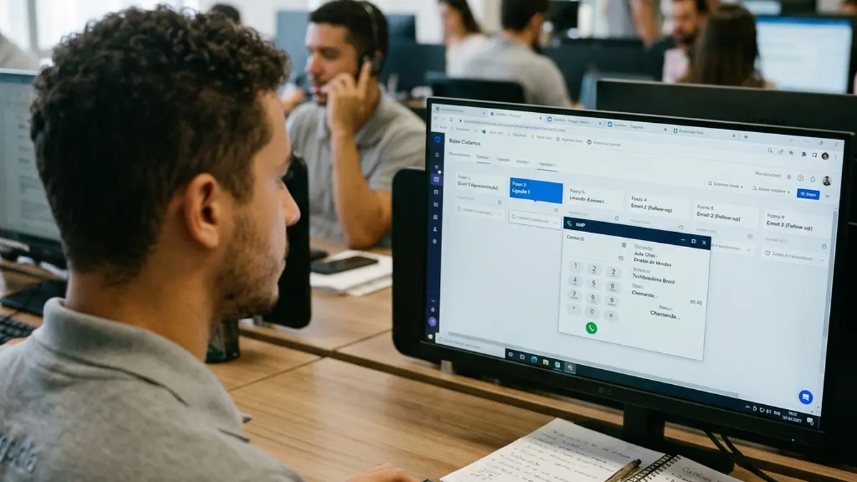Visão em detalhe de operador de SDR executando cadência de prospecção ativa multicanal e discagem VoIP em software comercial.