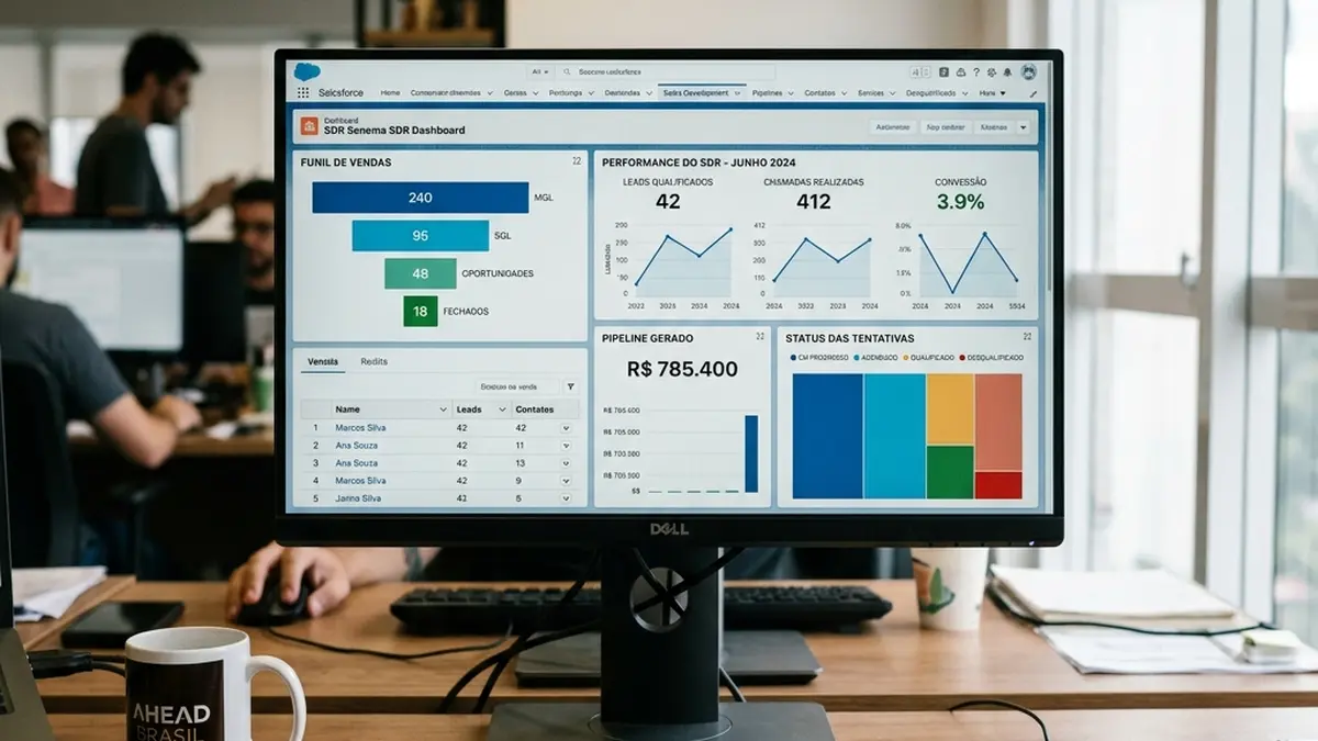 Monitor em primeiro plano exibindo dashboard de métricas de SDR, conversão de leads qualificados (SQL) e funil de vendas B2B no CRM.