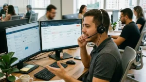 Profissional de pré-vendas (SDR) com headset realizando ligação de qualificação de leads com tela de pipeline de CRM aberta no computador.