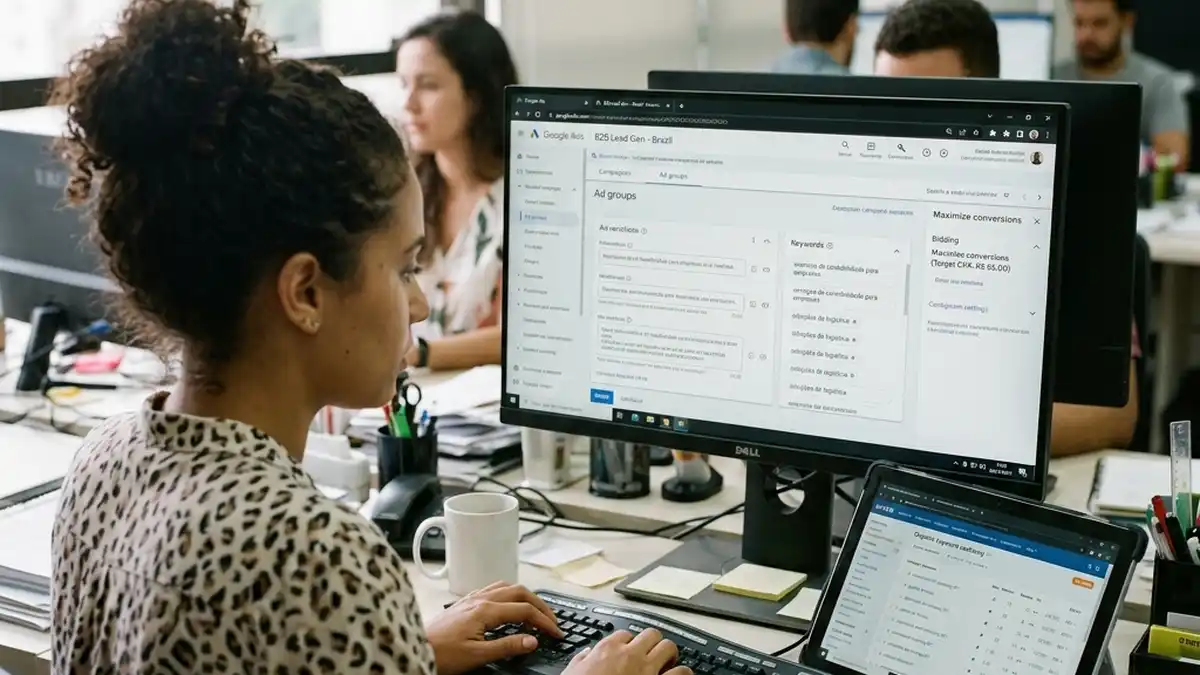 Especialista em marketing configurando campanhas no Google Ads e cruzando dados de palavras-chave comerciais de SEO em tablet no ambiente de trabalho.