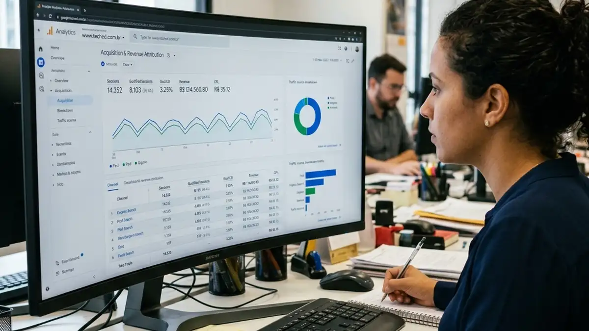 Visão detalhada de monitor profissional com relatório do Google Analytics comparando métricas de receita, conversões e custo de aquisição entre busca orgânica e tráfego pago.