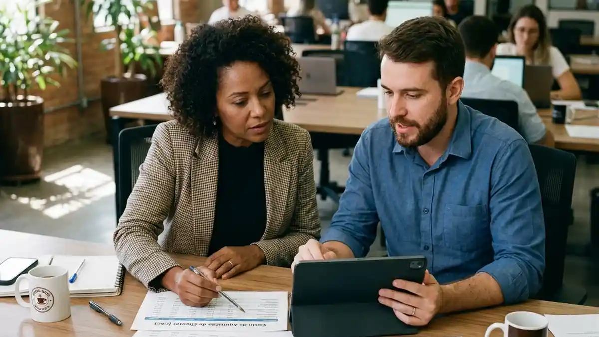 Diretor comercial e gestor de marketing analisando gráficos de atribuição de receita e custo por aquisição em tablet para decidir alocação de orçamento entre SEO e mídia paga.
