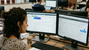 Mesa de trabalho com dois monitores comparando painel do Google Search Console com ranking de SEO comercial e painel do Google Ads com campanhas de tráfego pago para geração de receita.