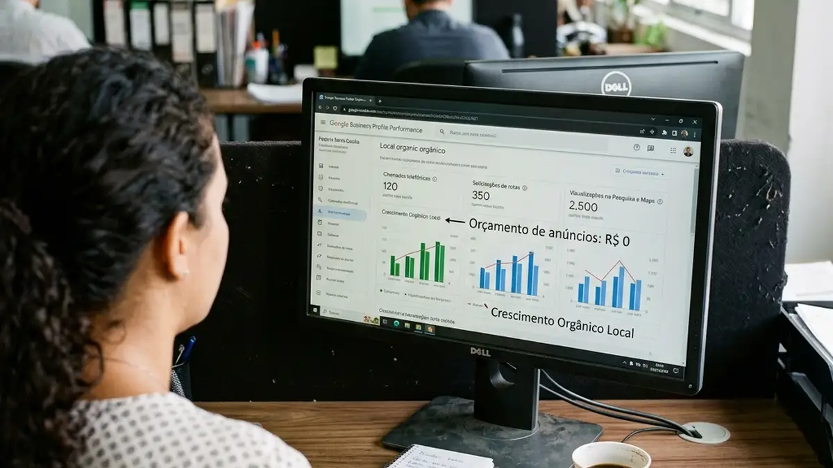 Monitor de computador exibindo métricas de SEO local com gráficos de chamadas telefônicas e rotas no Google Maps sem anúncios pagos.