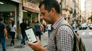 Pessoa segurando smartphone na calçada pesquisando empresas locais no Google Maps com avaliações em destaque.