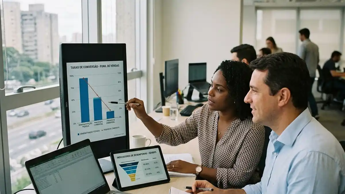 Analista de RevOps e gestor comercial examinando gargalos e taxas de conversão entre etapas de demonstração e proposta técnica em tela vertical.