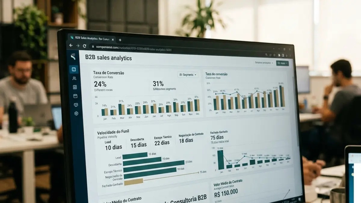Tela de computador em primeiro plano com relatório de CRM exibindo taxas de conversão percentuais e tempo de ciclo de vendas B2B.