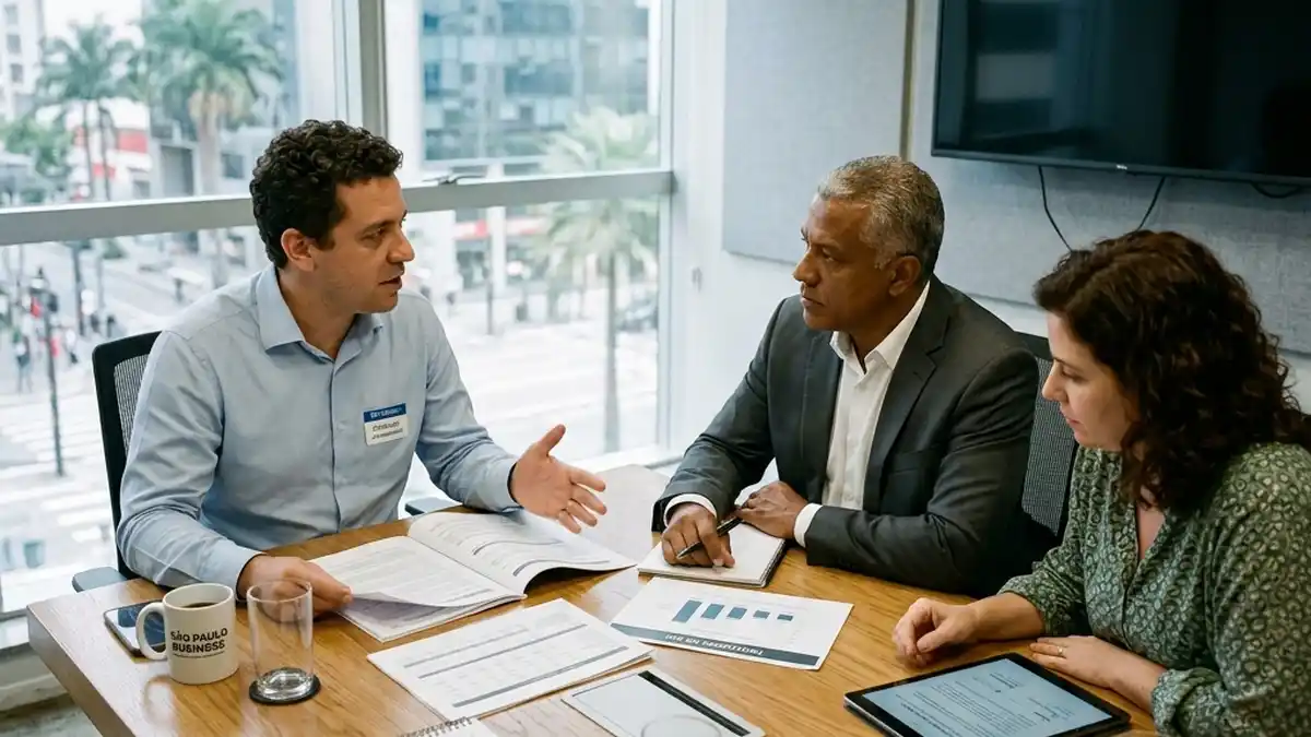 Especialista comercial apresentando proposta de serviço complexo e projeção de ROI para cliente B2B em sala de reuniões.