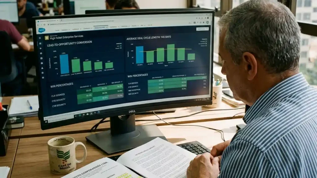 Diretor comercial B2B analisando dashboard de taxa de conversão em monitor com funil de vendas complexas e contratos de serviços sobre a mesa.