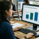 Especialista em marketing de performance analisando dashboard com taxas de conversão e benchmarks comparativos por setor em monitor widescreen.