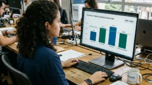 Especialista em marketing de performance analisando dashboard com taxas de conversão e benchmarks comparativos por setor em monitor widescreen.