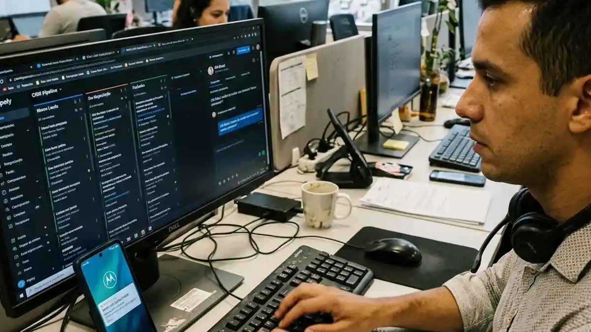 Smartphone e monitor de computador com notificações simultâneas de leads recebidos em tempo real para atendimento rápido de vendas.